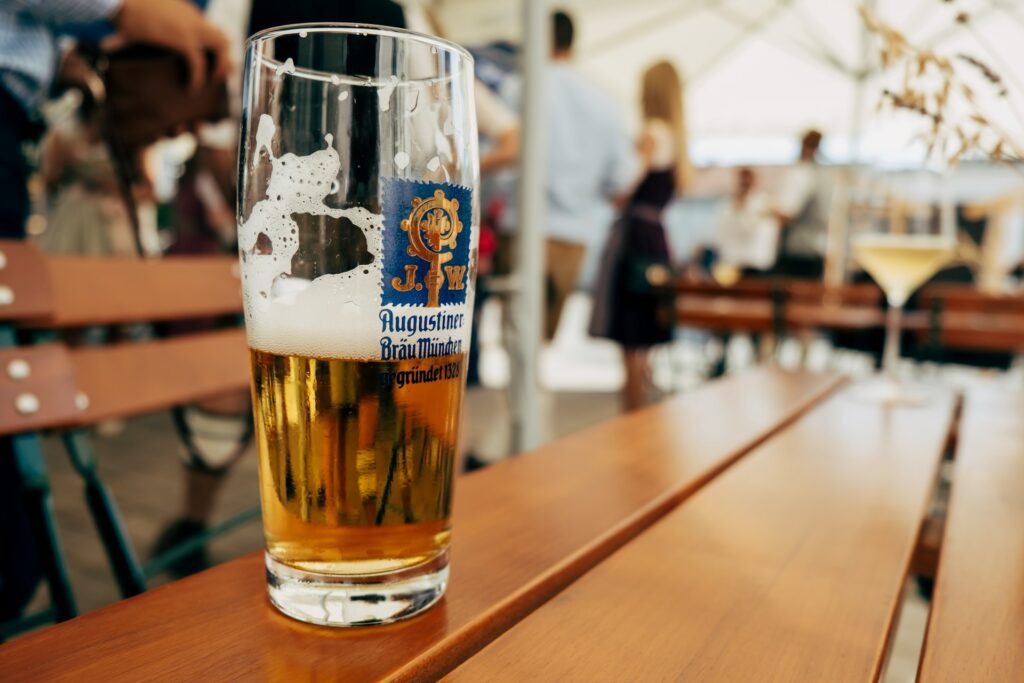 Glass of beer on a table during an Oktoberfest celebration in Northwest Indiana.